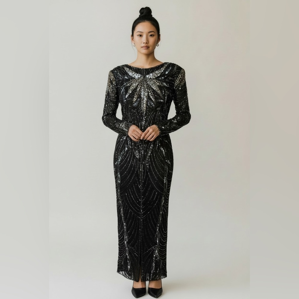 Vintage Black Sequin Long Sleeve Dress
